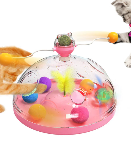 Cat Puzzle Toys Indoor for Kitten Interactive Games Spinning Track Balls & Feather Teaser Toy Stimulation Brain Treasure Chest